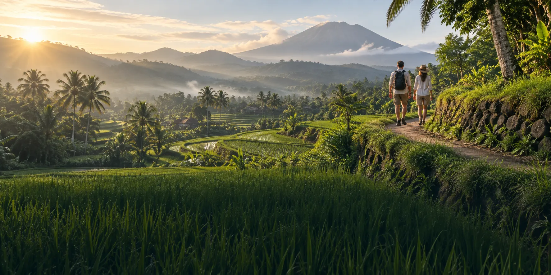 Couple walking along a scenic ridge trail past lush rice terraces with Mount Agung in the background, Sidemen, Bali.