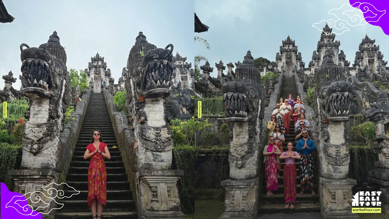 Visitors wearing traditional Balinese sarongs and temple sashes adhering to the Lempuyang Temple dress code