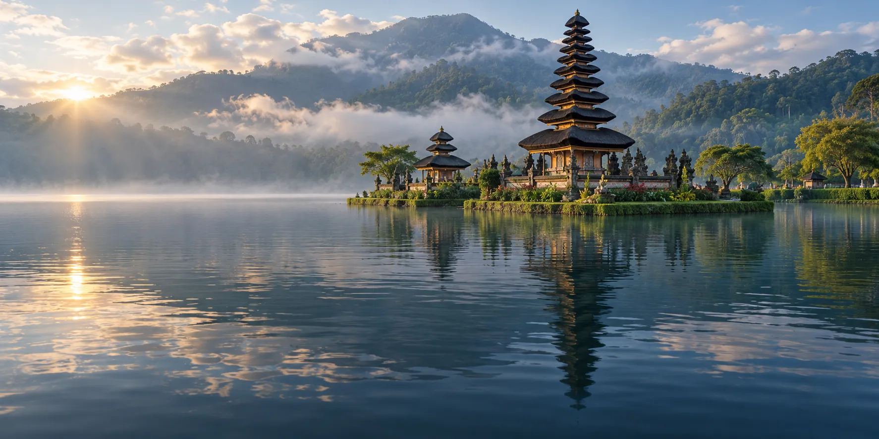 Ulun Danu Beratan water temple reflecting on Lake Beratan surrounded by foggy Bedugul mountains in North Bali.