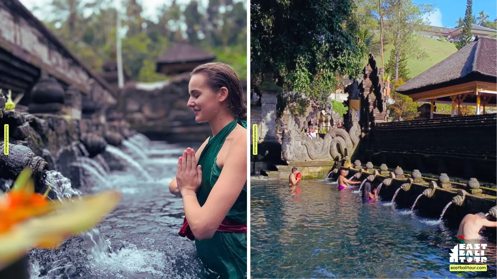 Sacred natural water springs and stone carved architecture inside Tirta Empul Temple Tampaksiring Bali