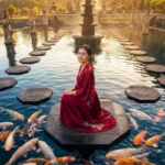 Woman with open arms on stepping stones in koi pond at Tirta Gangga Water Palace Bali