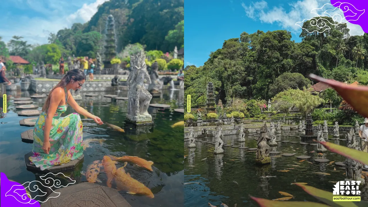 Tirta Gangga Water Palace 10 Ornate Balinese stone guardian statues and eleven tiered fountain at Tirta Gangga Water Garden