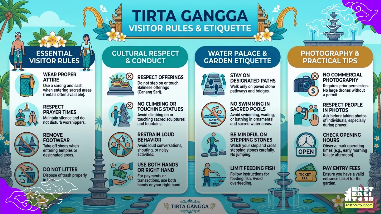 Tirta Gangga Water Palace 14 Information board and temple etiquette guidelines for visitors at Tirta Gangga Water Palace in Karangasem, East Bali
