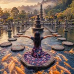 A woman sitting on stepping stones over a koi fish pond with a multi-tiered fountain at Tirta Gangga Water Palace Bali