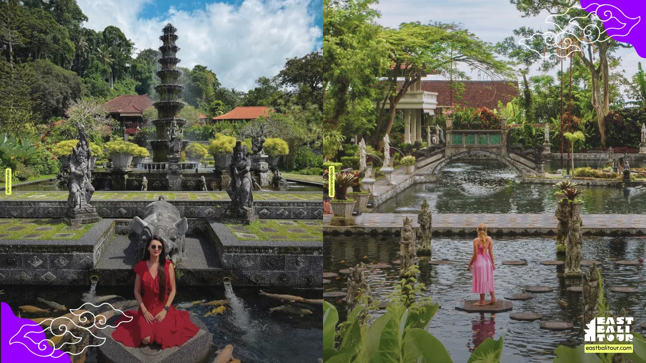 Tirta Gangga Water Palace 12 Visitor feeding orange koi fish along the stepping stones at Tirta Gangga Water Palace