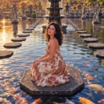 Tirta Gangga Water Palace royal garden with stone statues and tiered fountain Bali
