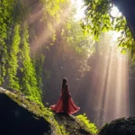Luz solar matutina brillando a través de las grietas de la roca en la cascada Tukad Cepung