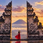 Iconic split gate of Lempuyang Temple overlooking Mount Agung in Karangasem Bali.