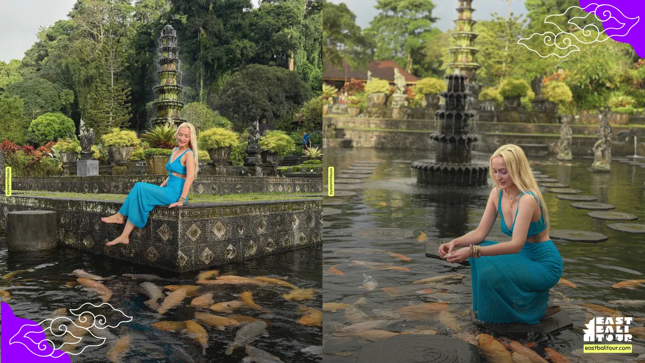 Tirta Gangga Water Palace 11 Visitor feeding orange koi fish along the stepping stones at Tirta Gangga Water Palace