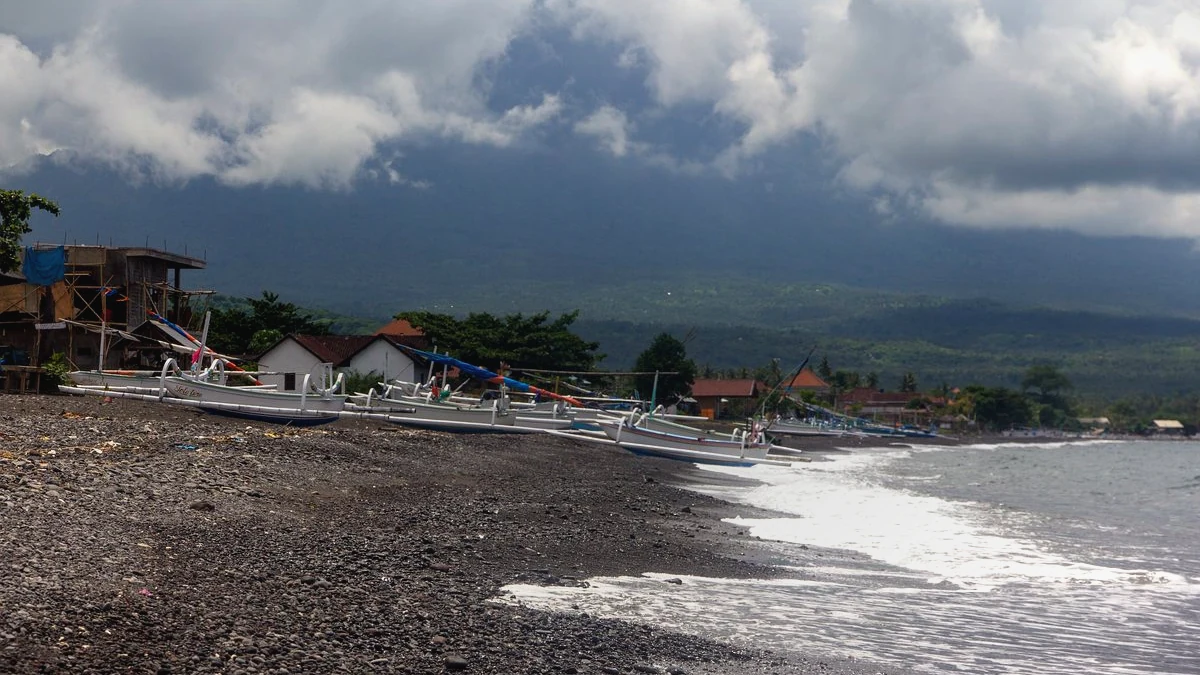 Amed coastline and coral reef snorkeling bay in East Bali