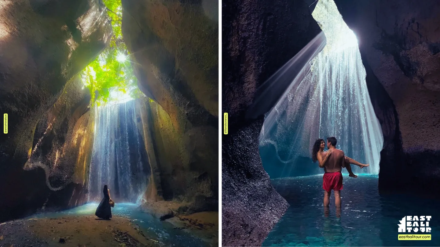 バリ島 インスタ映えツアーで訪れる洞窟内の光のカーテン、神秘的なトゥカッドチュプンの滝