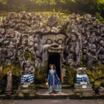 Sacred bathing pool and stone shrine area at the Goa Gajah temple complex in Bali